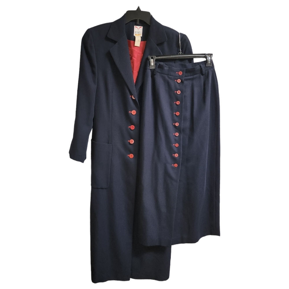 Mondi Business Womens Navy Long Button Up Blazer Jacket & Maxi Skirt Sz US 6/36